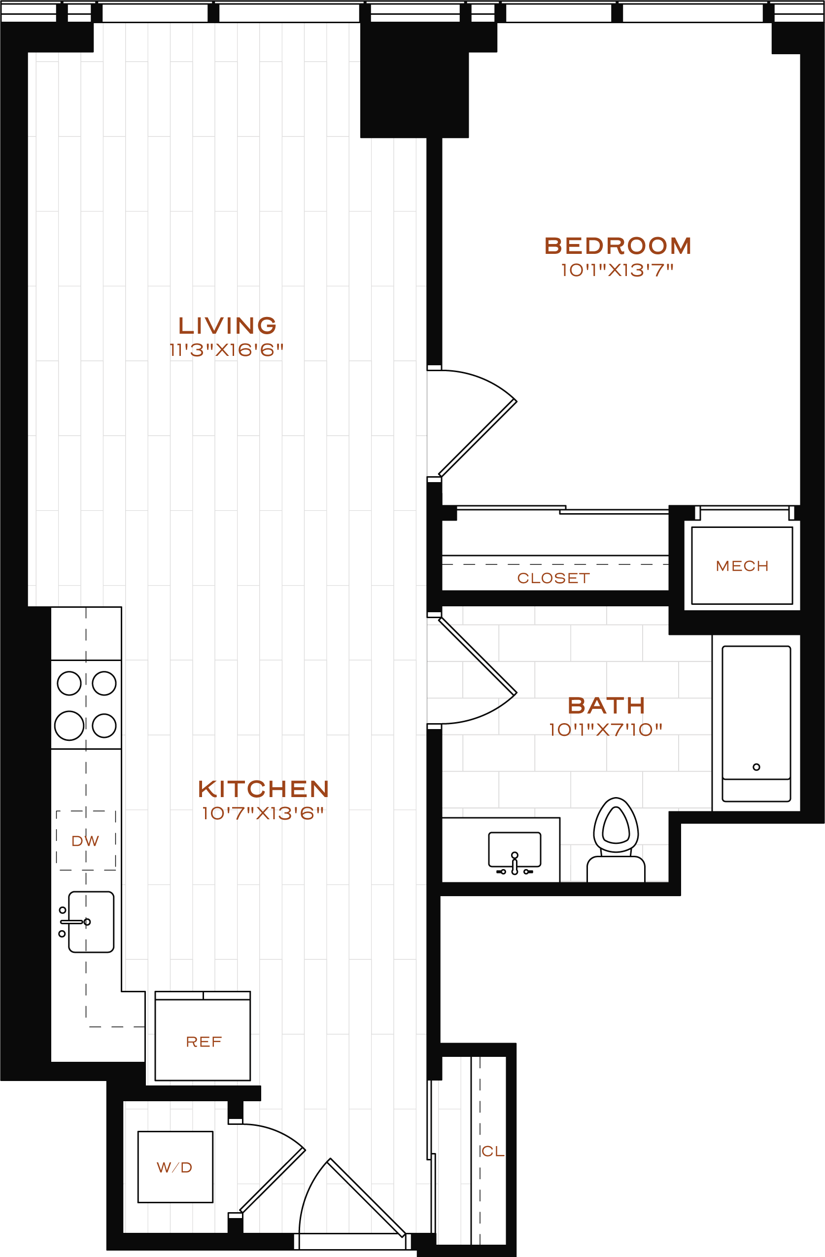 Rendering of the 1 Bed-1 Bath-LT-11 Floor Plan